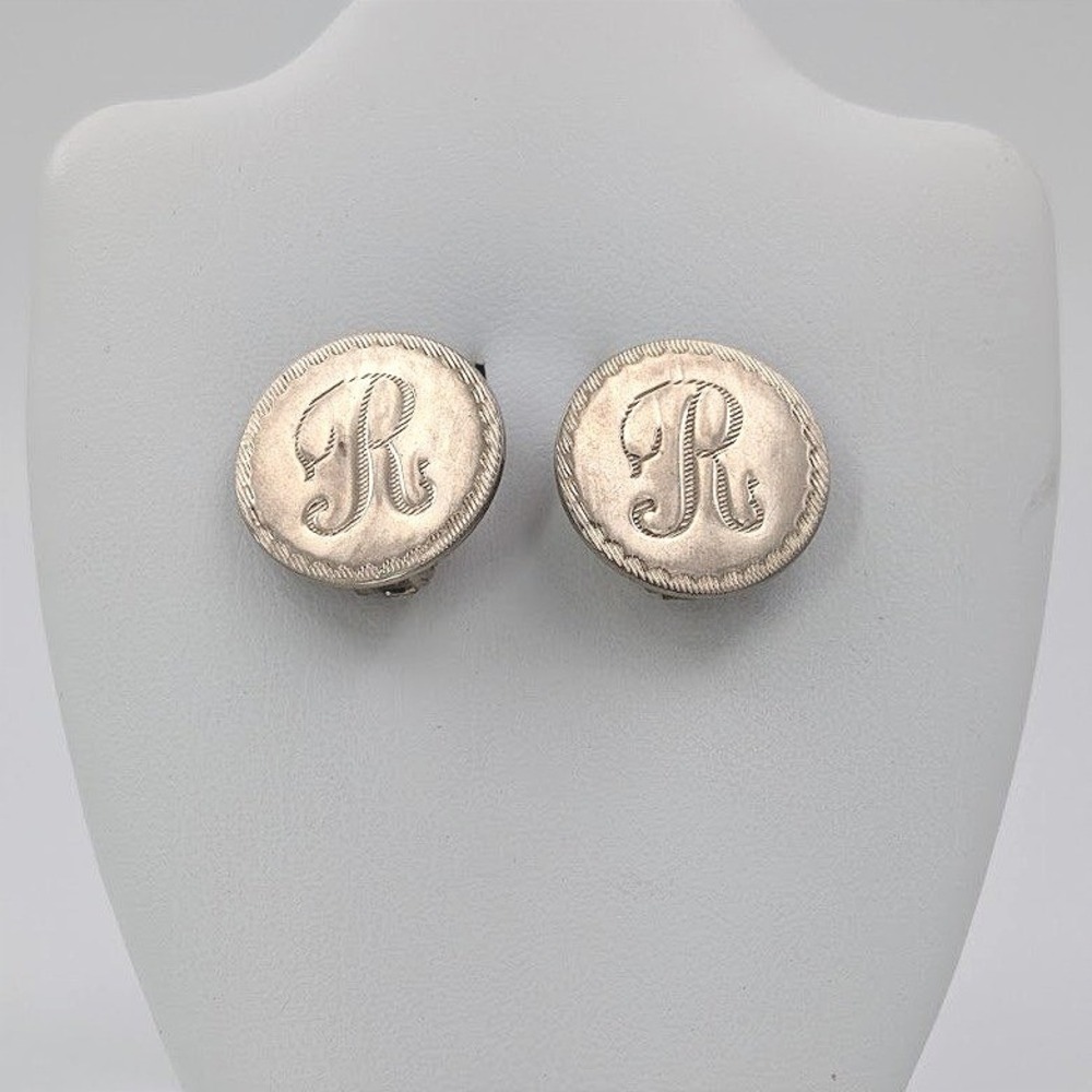 Bergere Vintage Silver Tone Monogram R Etched Round‎ Button Clip On Earrings